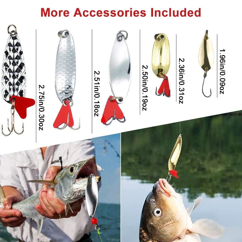 Kit complet 10 leurres cuillère métal or et argent - Set avec boîte de rangement pour pêche tous carnassiers