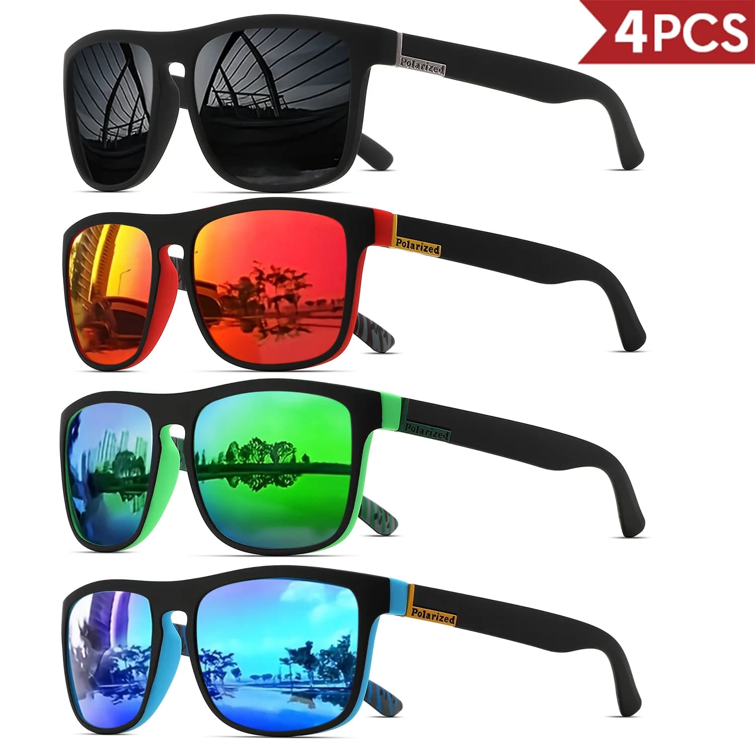 4 lunettes carrées polarisées sport pêche - Monture PC légère UV400 vélo conduite