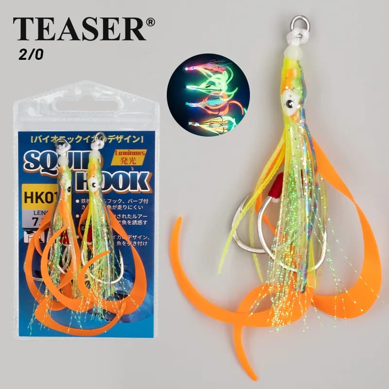 Leurre souple calamar fluo HK018 avec hameçons assistés pour la pêche en mer au jigging lent