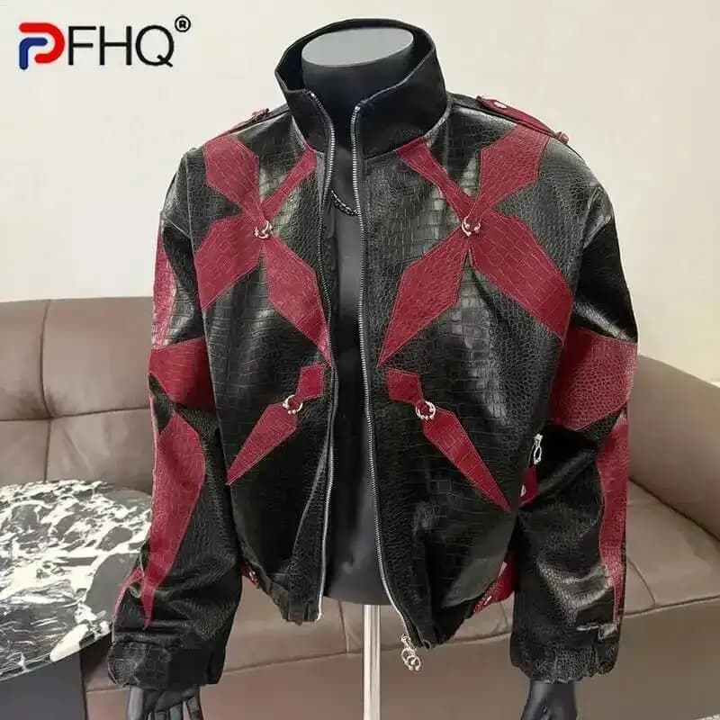 Veste en cuir PU homme 2025 col montant contrasté - Veste fashion pour pêcheurs au style streetwear tendance