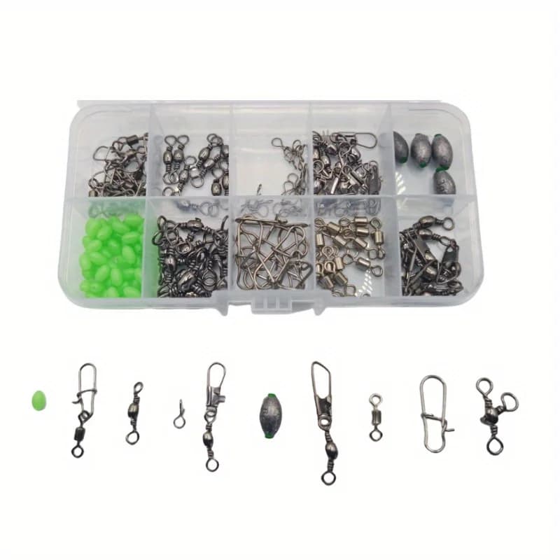 Kit pêche 150 pièces avec connecteurs rapides, plombs oeufs et perles lumineuses pour spinner