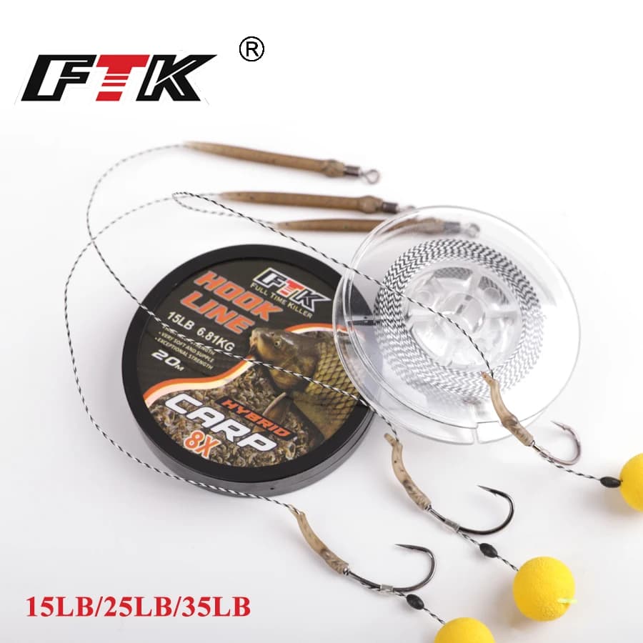 Ligne de pêche carpe FTK 20m tresse souple pour hair rig, 15/25/35LB, appât naturel