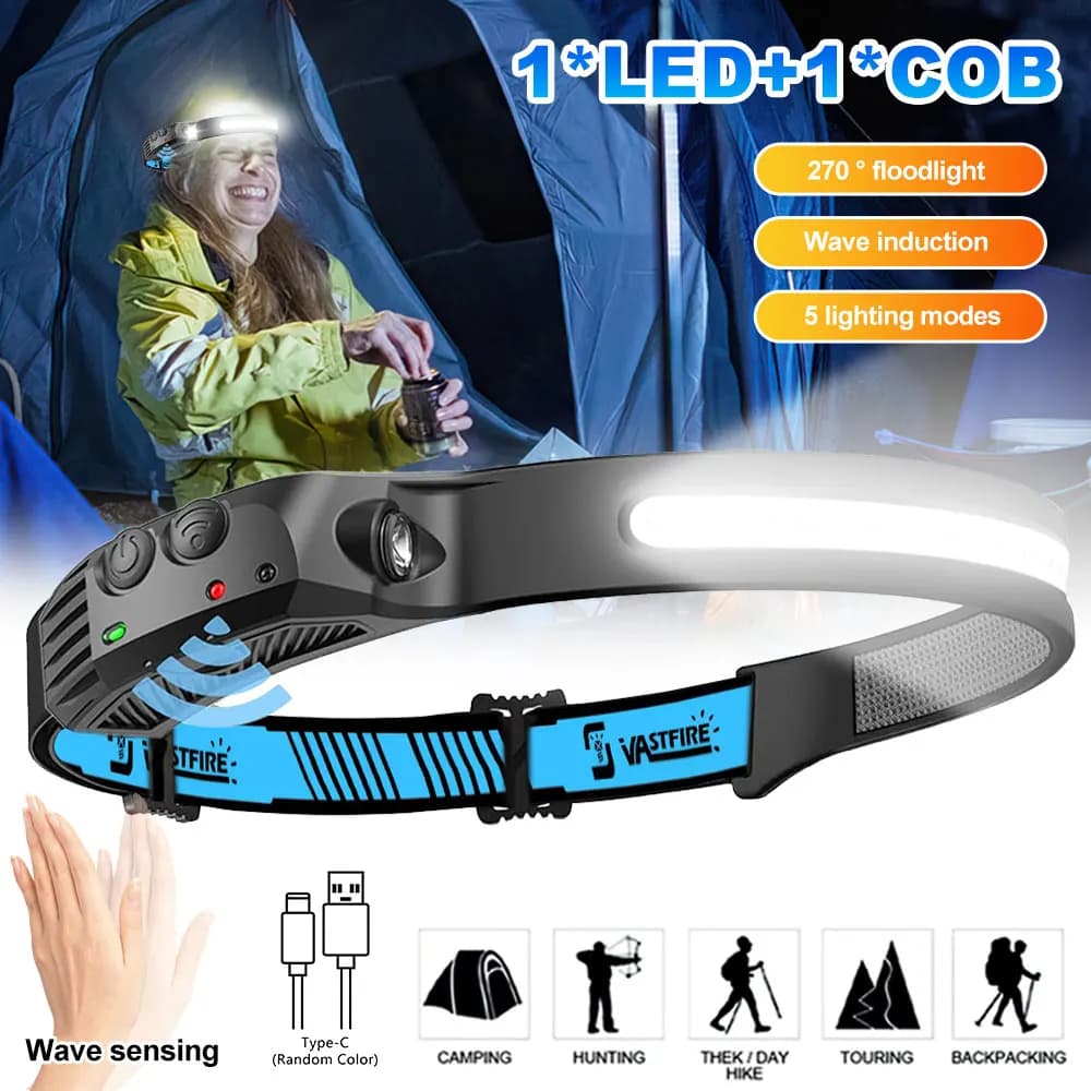 Lampe frontale LED rechargeable USB pour pêche nocturne avec capteur de mouvement et batterie intégrée