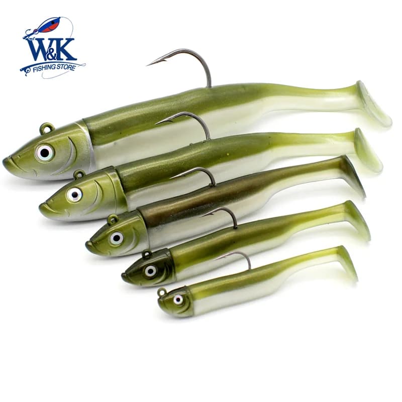 Kit leurres souples paddle tail pour pêche du bar - 5 tailles de 6cm à 14.5cm avec têtes plombées assorties