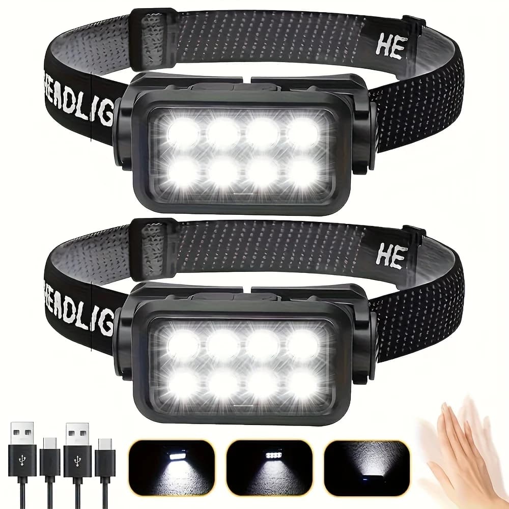 Lampe frontale rechargeable avec capteur de mouvement : 8 LEDs ultra-légères, 5 modes pour pêche et outdoor