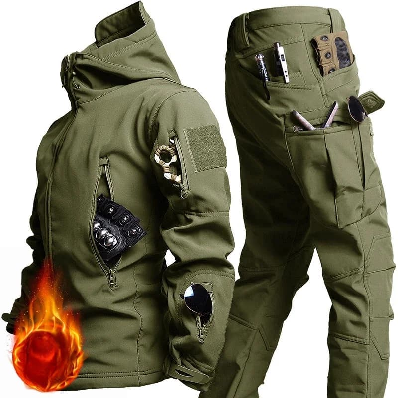Combinaison tactique 2 pièces homme hiver avec veste à capuche et pantalon imperméable X7 - Tenue de pêche