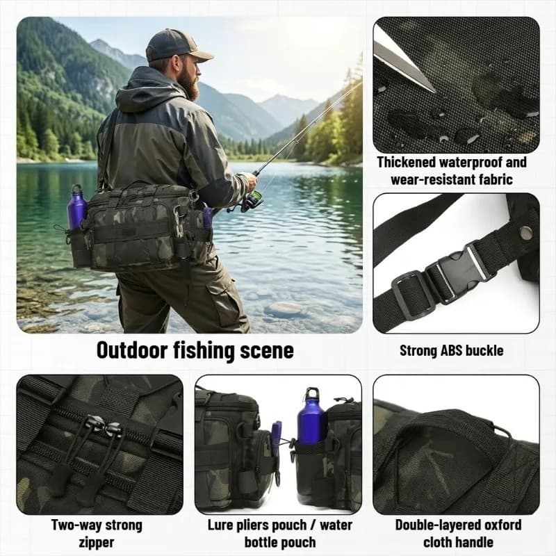 Sac bandoulière pêche étanche grande capacité avec porte-canne - Accessoires sport outdoor portable