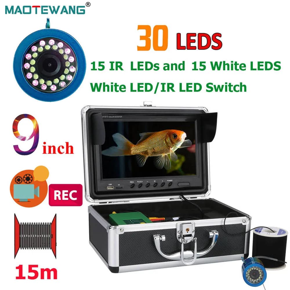 Caméra pêche 9 pouces avec enregistreur DVR 1000TVL 30 LEDs (15 blanches + 15 IR) pour recherche poissons mer rivière glace