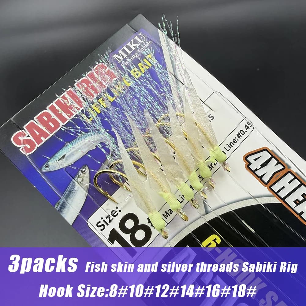 3 packs de sabiki rig avec paillettes argentées et perles lumineuses - Leurre efficace pour pêche en mer