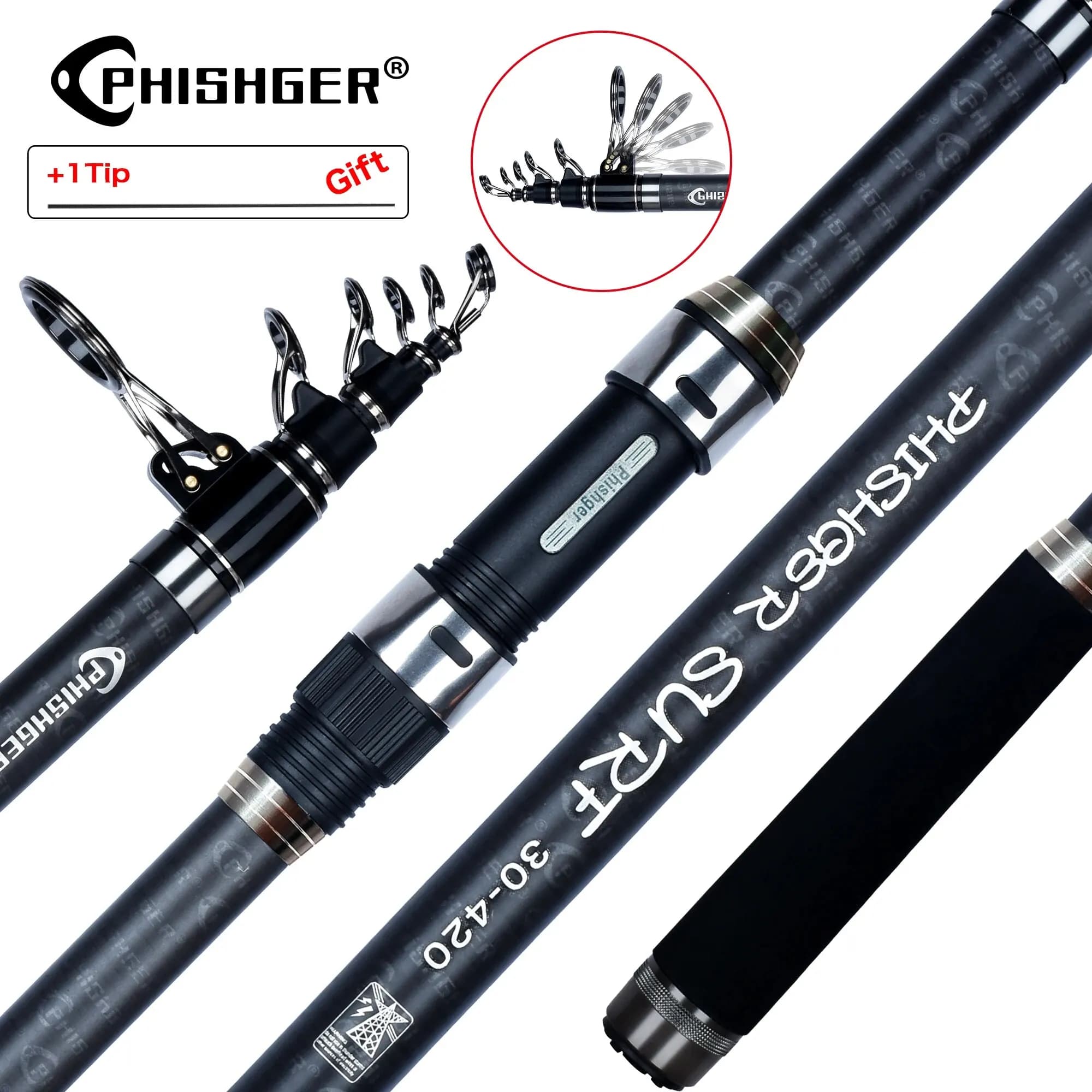 Canne télescopique surfcasting PHISHGER 30T carbone 3.6m à 4.5m puissance 80-150g pour pêche du bord de mer