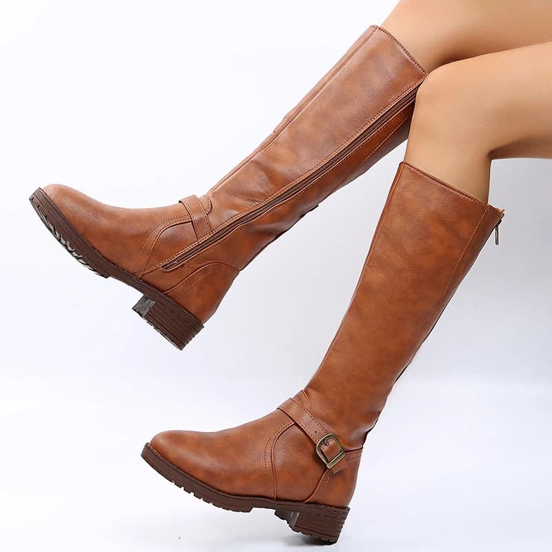 Bottes genou marron vintage femmes grande taille talon bas cuir PU automne hiver pêche