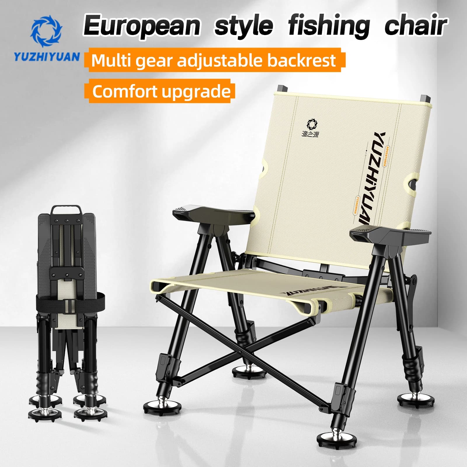 Chaise pêche pliante portable avec pieds télescopiques et dossier réglable pour terrains variés