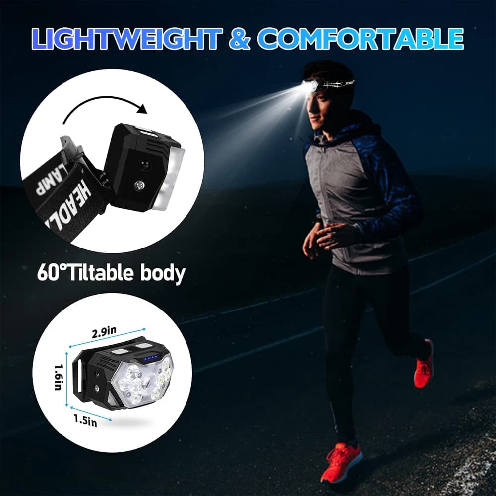 Lampe frontale LED 9 lumières puissantes rechargeable USB détecteur de mouvement pêche camping