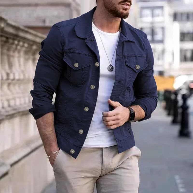 Veste denim slim homme streetwear pêche - Jean jacket classique coton pour pêcheurs casual tendance
