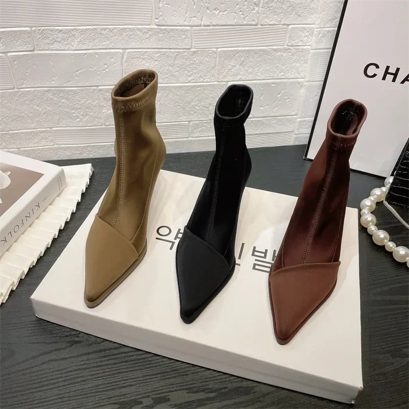 Bottes satin élégantes talons hauts fins - Bottines femme pointues stretch pour soirée pêche
