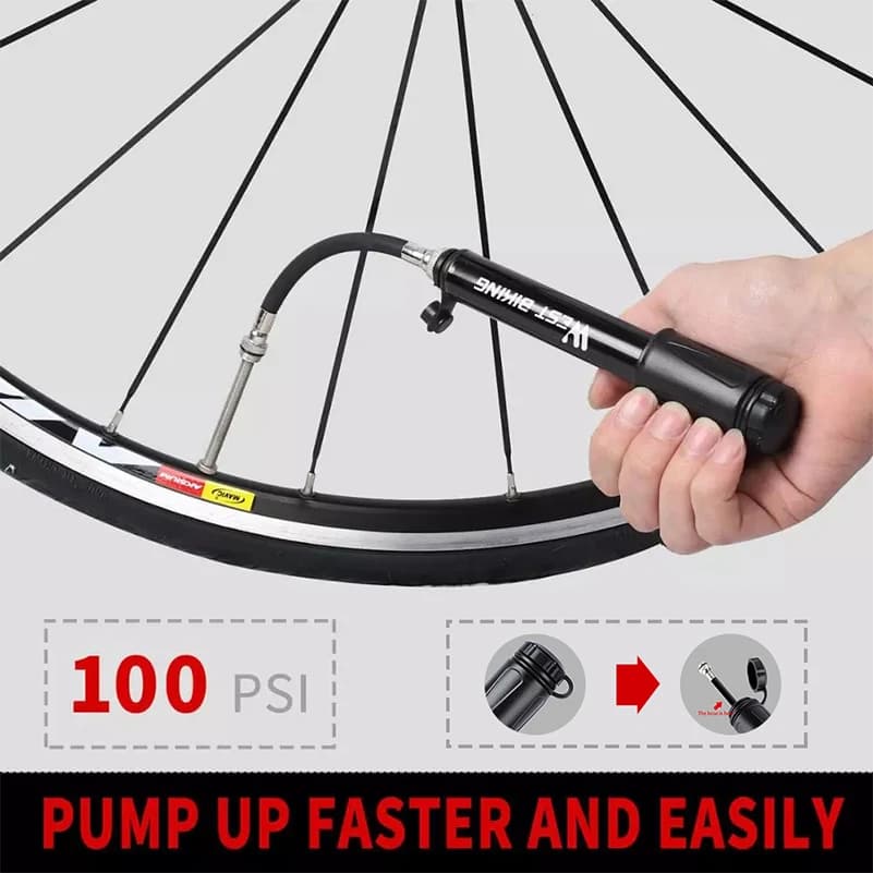 Pompe à main mini WEST BIKING 100PSI - Alliage aluminium pour VTT et vélo de route de pêcheur