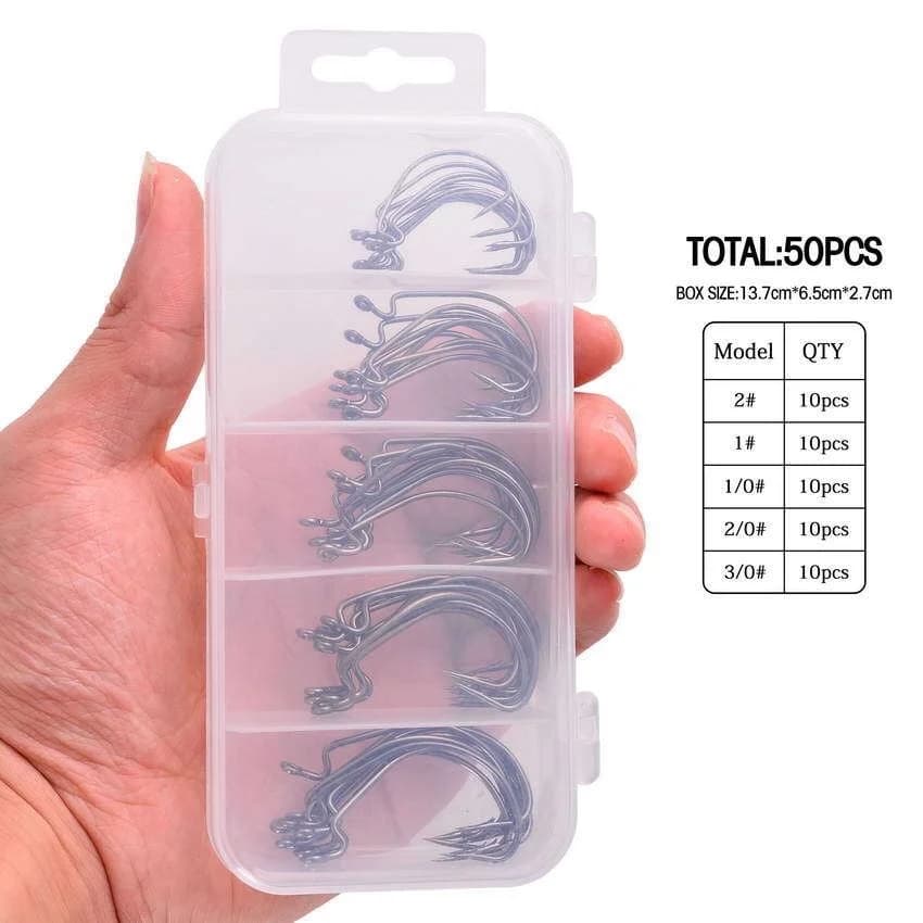 Hameçons crank multi-tailles 50 pièces acier carbone pour leurres souples pêche carnassier
