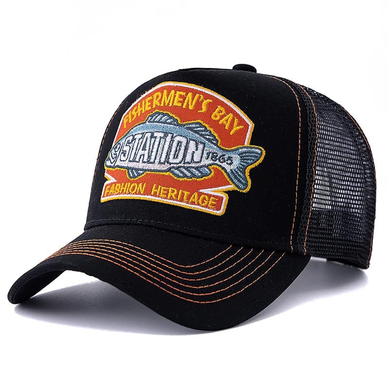 Casquette pêcheur unisexe mesh brodée gros poisson - Chapeau camionneur respirant - Snapback pêche