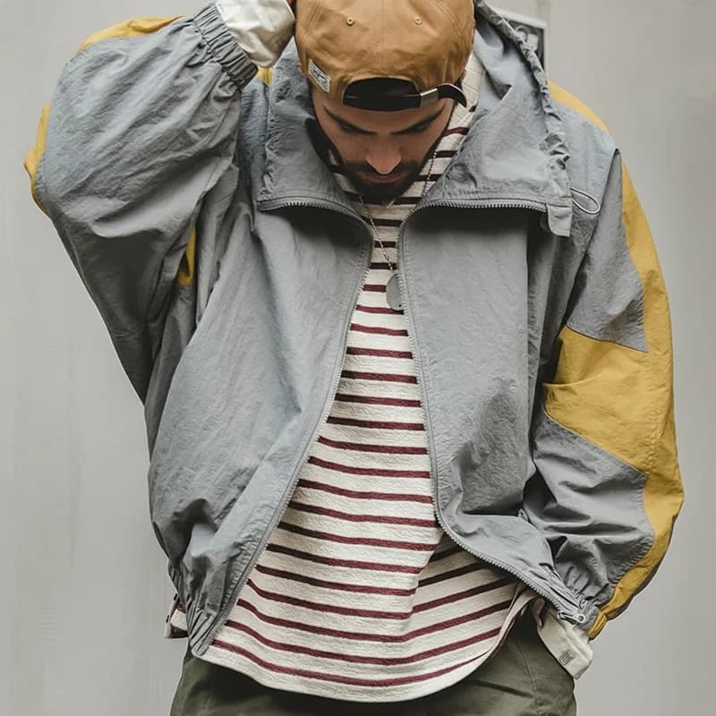 Veste patchwork à double zip détachable pour hommes - Col montant coupe loose printemps automne décontractée