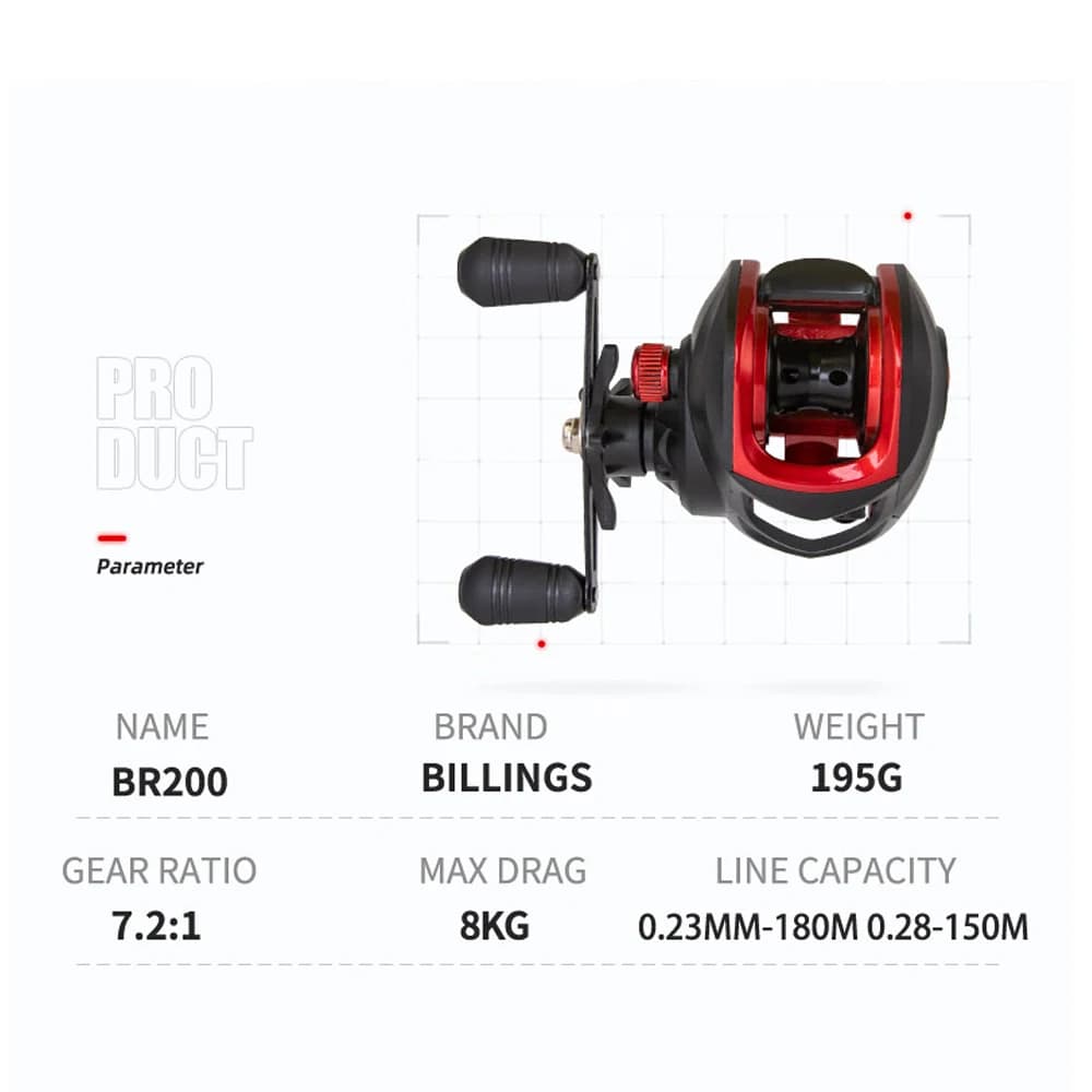 Moulinet Baitcasting Billings BR Series 7.2:1 pour pêche en mer et eau douce