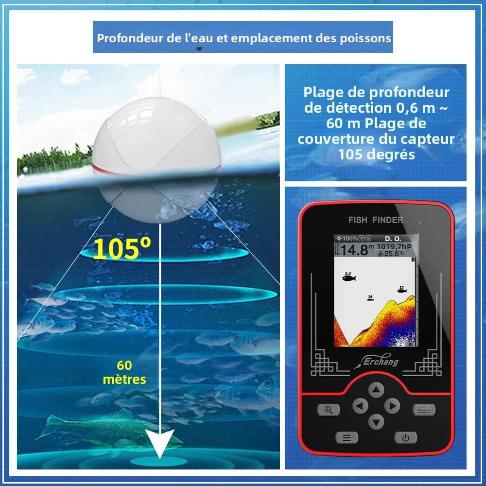 Sonar de pêche sans fil Erchang 60m profondeur - Détecteur de poissons portable rechargeable pour pêche en mer
