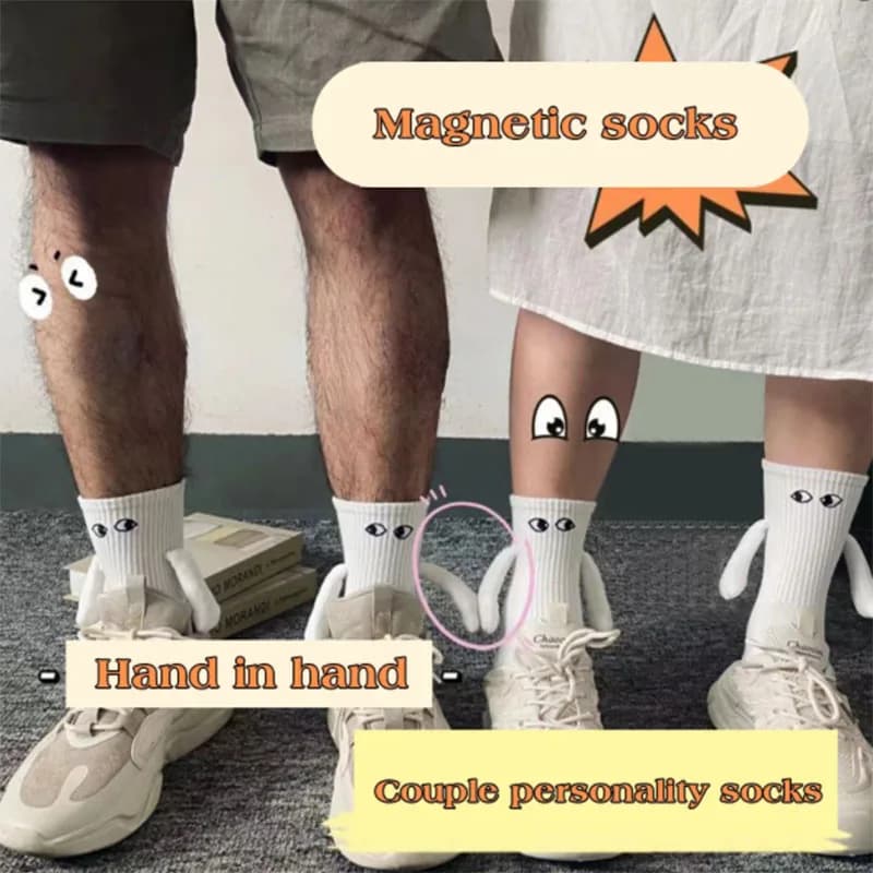 Chaussettes couple main dans main magnétiques drôles - Cadeau fête Noël saisons solides couleur