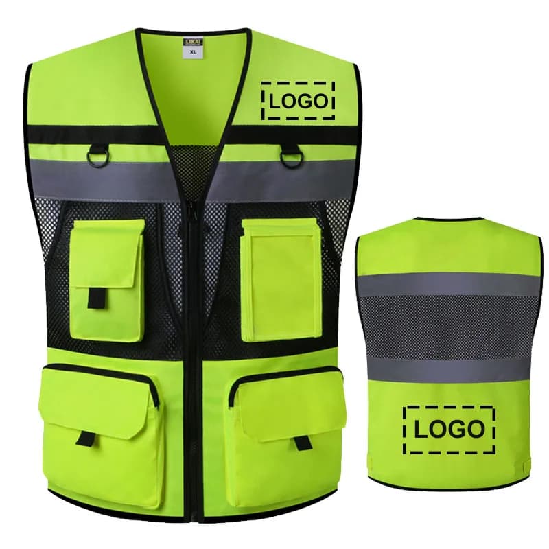 Veste construction rouge pêche - Respirante logo personnalisable - Poche outils pêche route