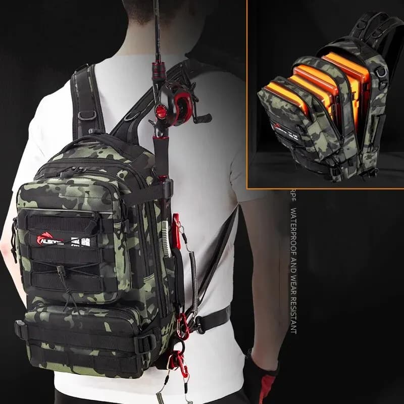 Sac à dos homme rangement leurres pêche avec porte-canne - Équipement pêche, randonnée, camping
