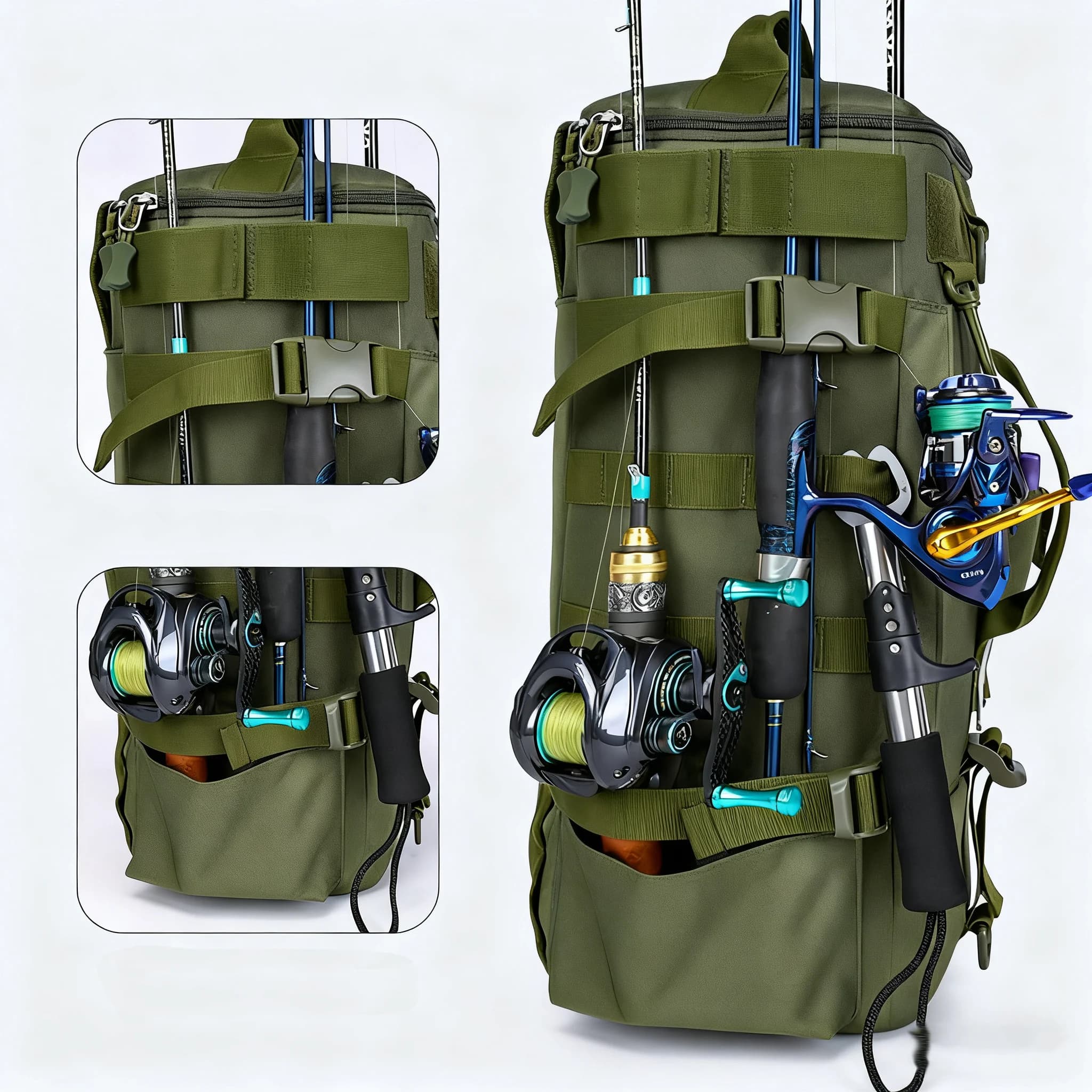 Sac à dos pêche multifonction étanche avec porte-cannes - Stockage équipement pêche résistant