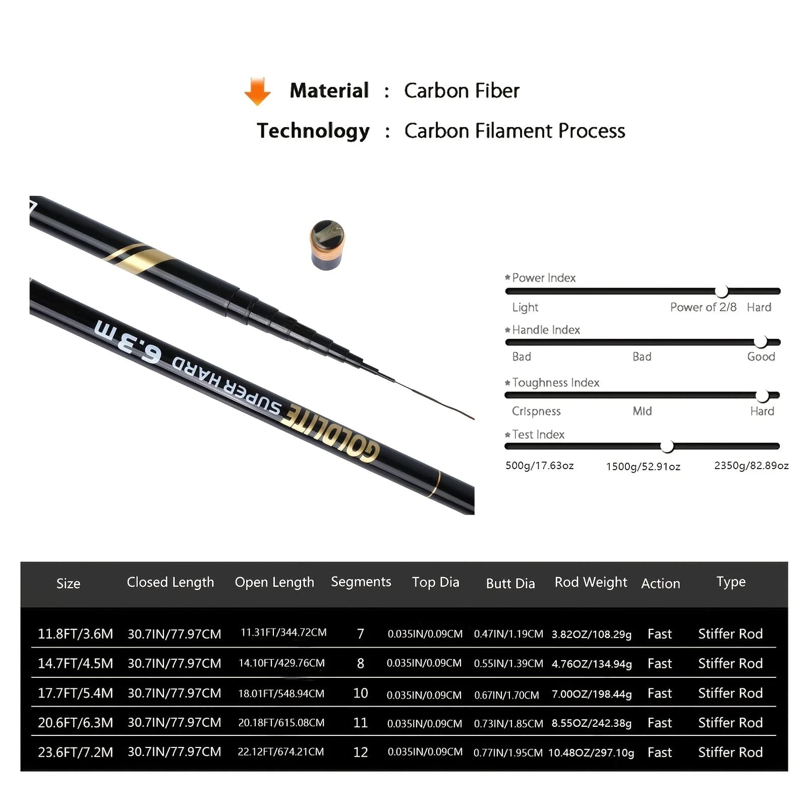 Canne télescopique Goture carbone 46T 3m à 7.2m pour pêche carpe feeder tenkara ultra légère voyage