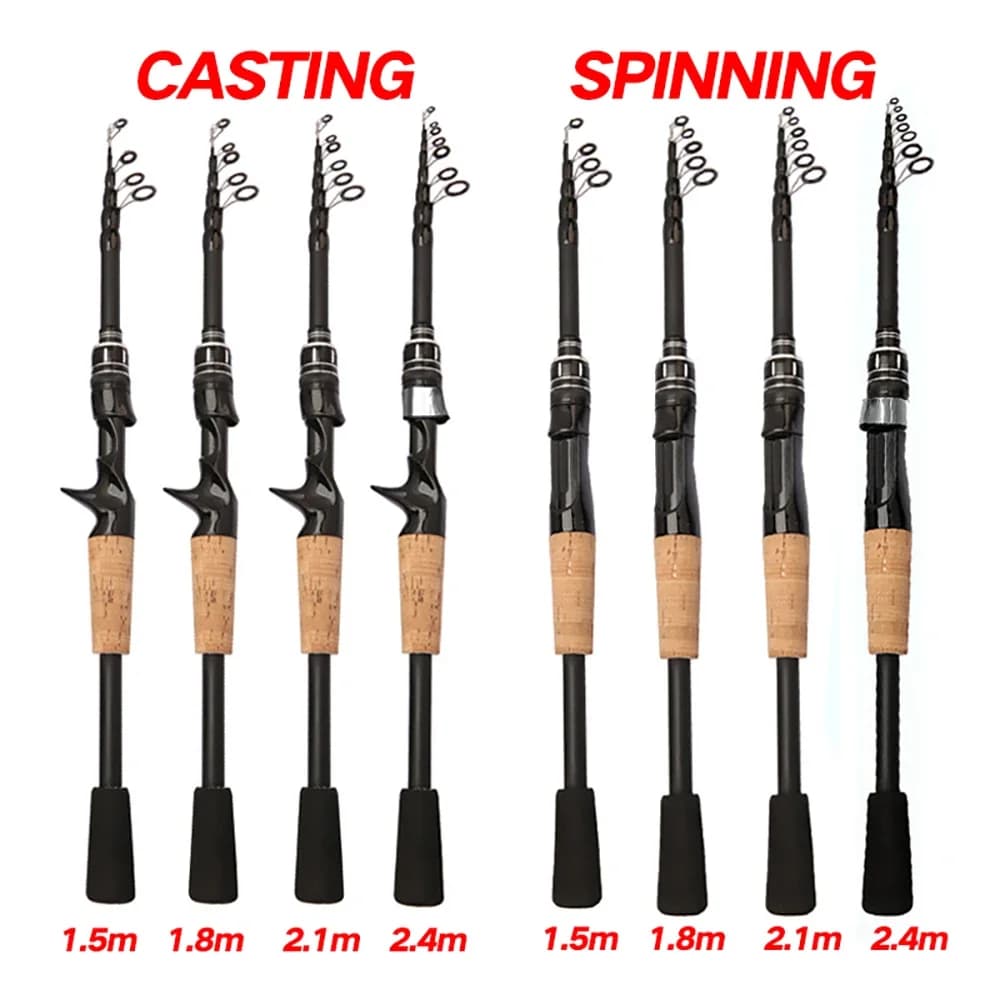 Canne leurre télescopique 1.5M à 2.4M carbone spinning, manche bois, casting 8g-25g, matériel pêche ultraléger