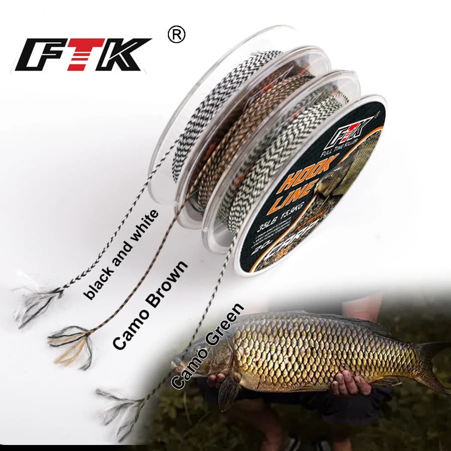 Ligne de pêche carpe FTK 20m tresse souple pour hair rig, 15/25/35LB, appât naturel