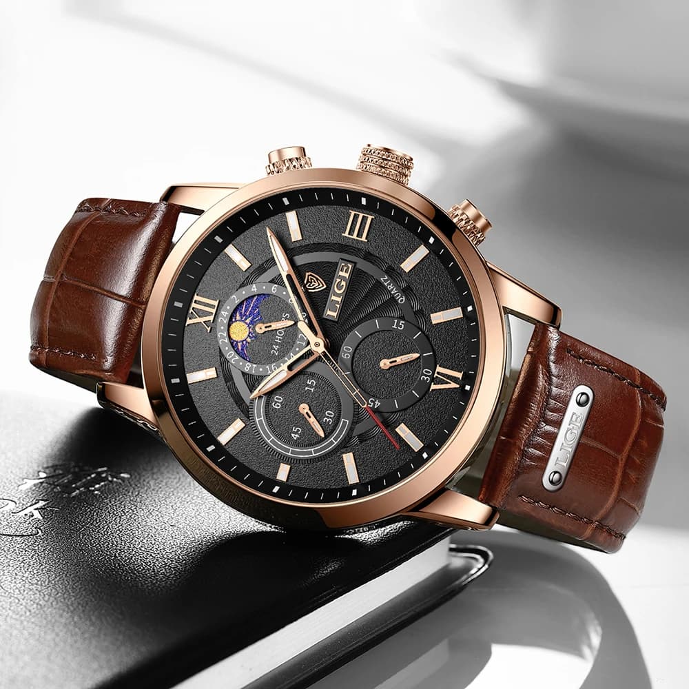 Montre homme luxe LIGE cuir étanche - Marque haut de gamme, mouvement quartz, style sport élégant