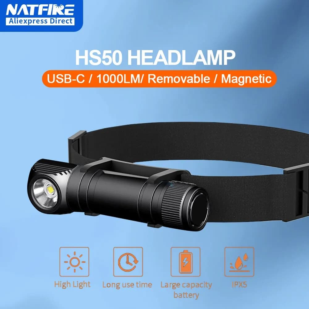 Frontale NATFIRE HS50 rechargeable USB-C 1000lm 3400mAh avec queue magnétique pour pêche et camping