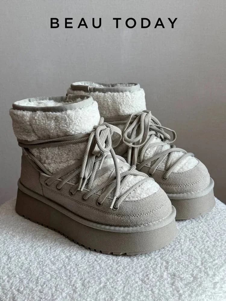 Snow Boots BEAUTODAY cuir vache - Semelle épaisse fourrure chaud pêche hiver