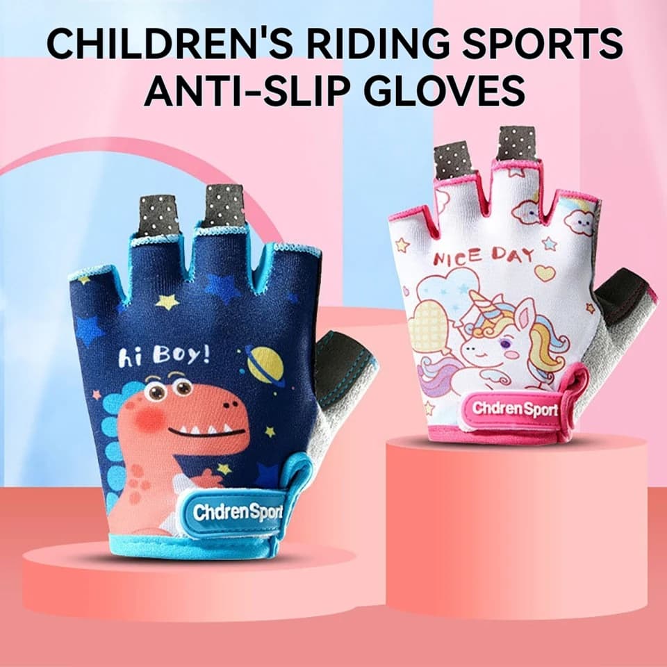 Gants vélo enfants GTUBIKE doigts coupés protection sport cyclisme motifs dinosaure licorne 3-12 ans