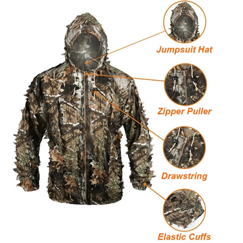 Ghillie Suit Léger Feuilles 3D Woodland - Équipement Camouflage Airsoft Pêche Chasse