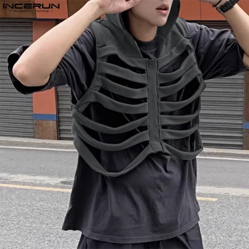 Gilet déconstruit os drôle homme 2024 - Waistcoat à capuche style casual pêche personnalité S-5XL