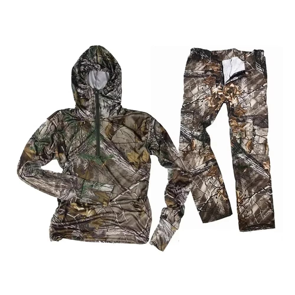 Tenue camouflage bionique arbre été léger pêche vêtements 5 pièces respirant sport extérieur sweat pantalon chapeau