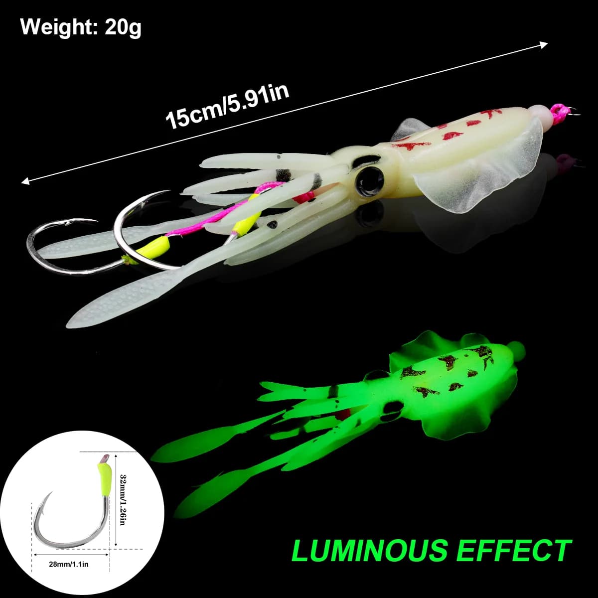 Leurre souple calamar lumineux avec double hameçon pour pêche en mer depuis un bateau