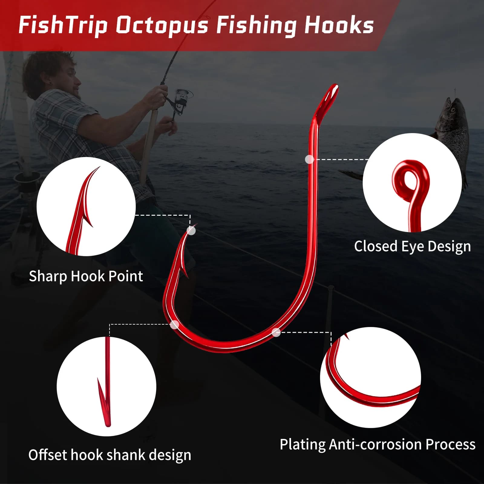 FishTrip hameçons octopus rouges 50-100PCS pour carpe, bar et poisson-chat en eau douce et salée