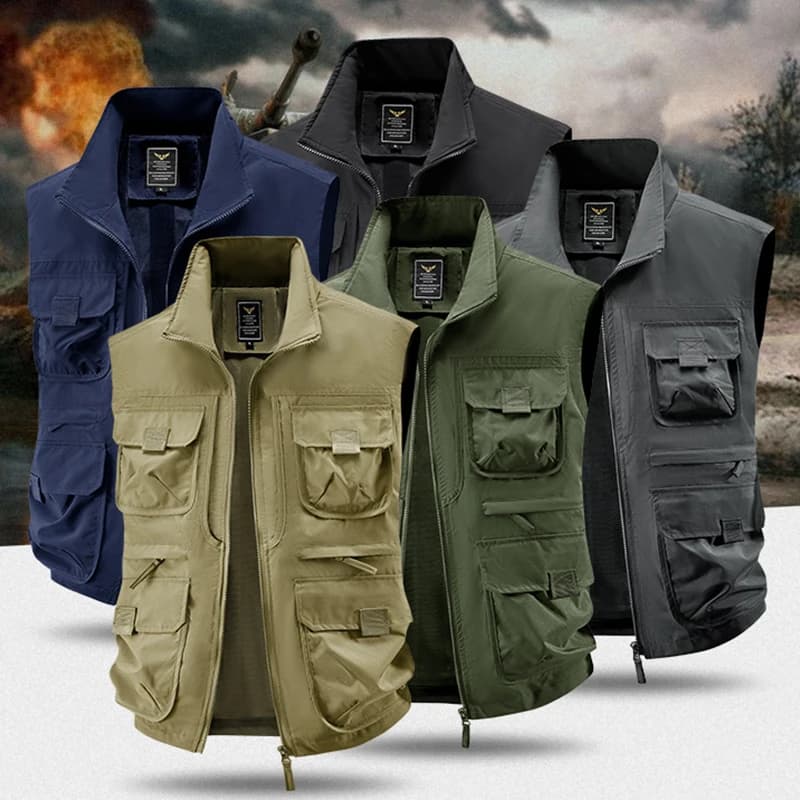Veste pêche multi-poches homme 2025 - Coll montant respirant - Veste outdoor séchage rapide