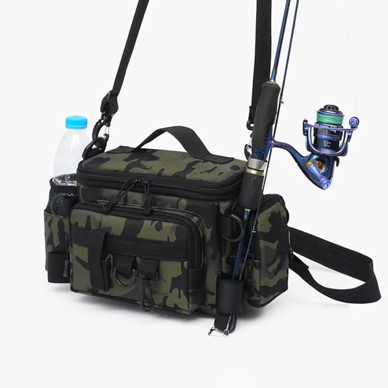 Sac pêche épaule multi-poches renforcé porte-canne rangement appâts matériel pêcheur