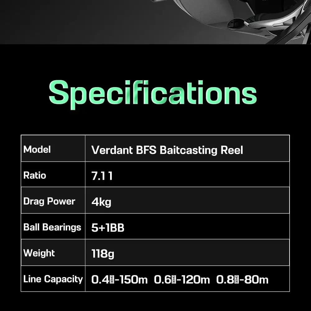 Moulinet baitcasting Histar Verdant BFS ultra léger 118g carbone ratio 7.2:1 4KG frein
