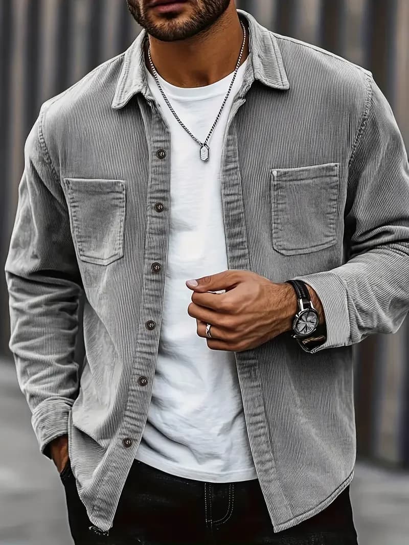 Veste chemise velours côtelé homme printemps automne style vintage Hong Kong pêche