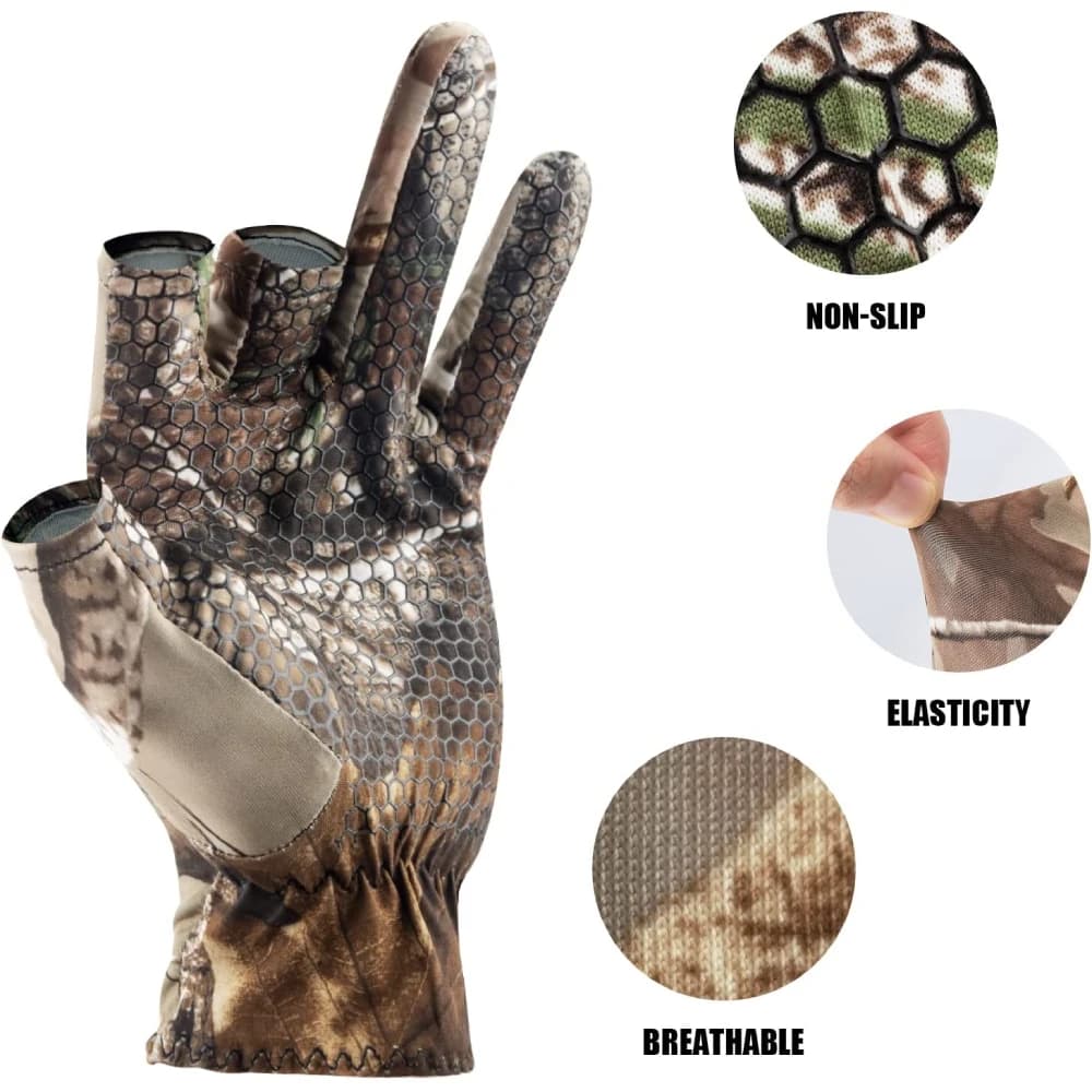 Gants camouflage pêche anti-dérapage élastiques fins mitaine 3 doigts coupés chasse vélo mi-doigts