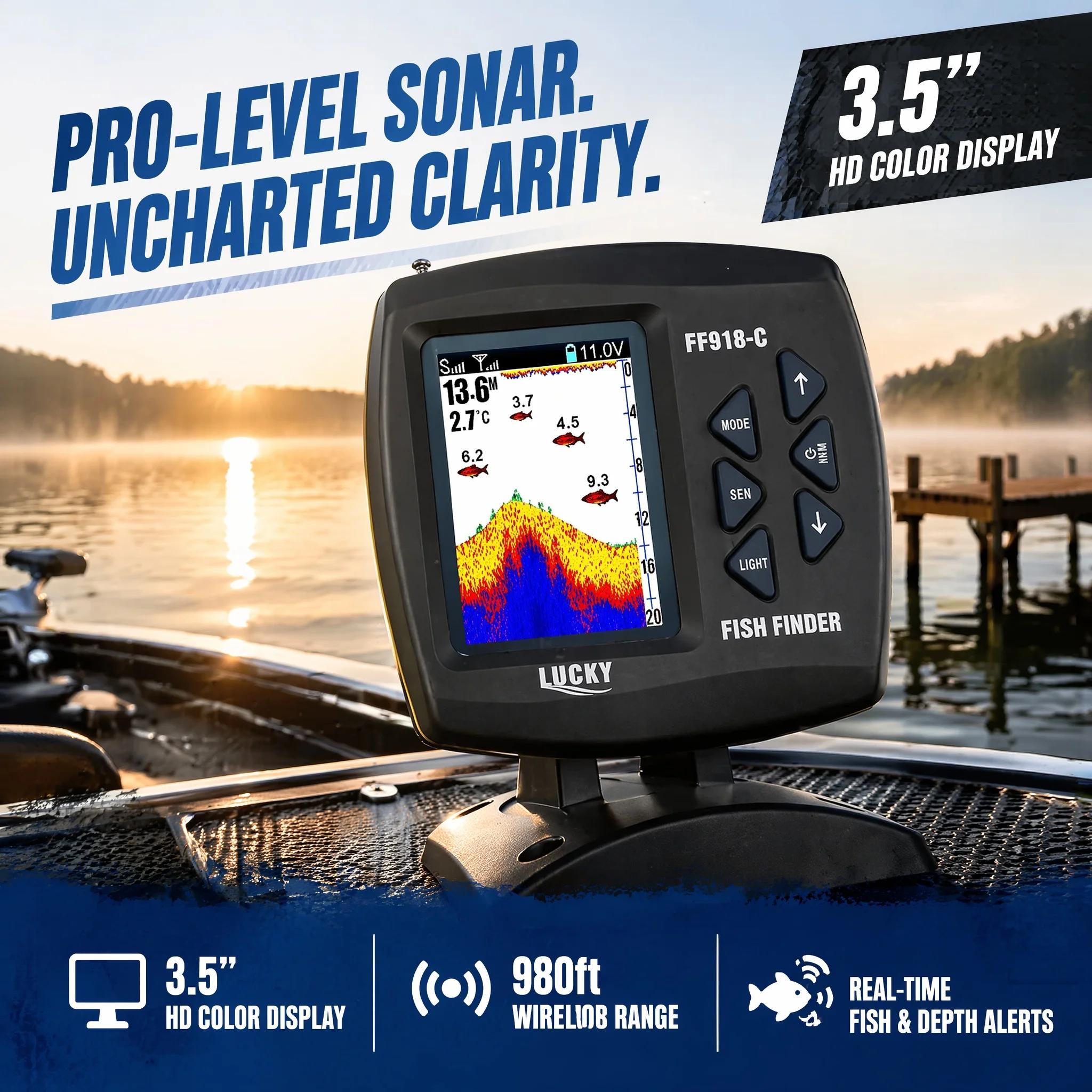 Détecteur de poissons sans fil LUCKY FF918-CWLS portée 980 pieds - Sonar 45° pour bateaux de pêche