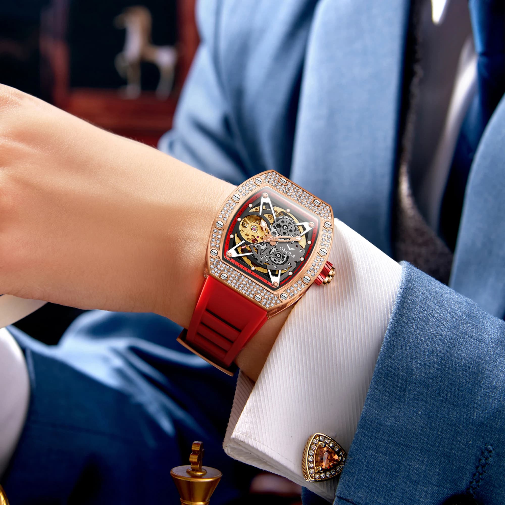 Montre mécanique automatique luxe homme ONOLA diamants squelette waterproof étanche automatique