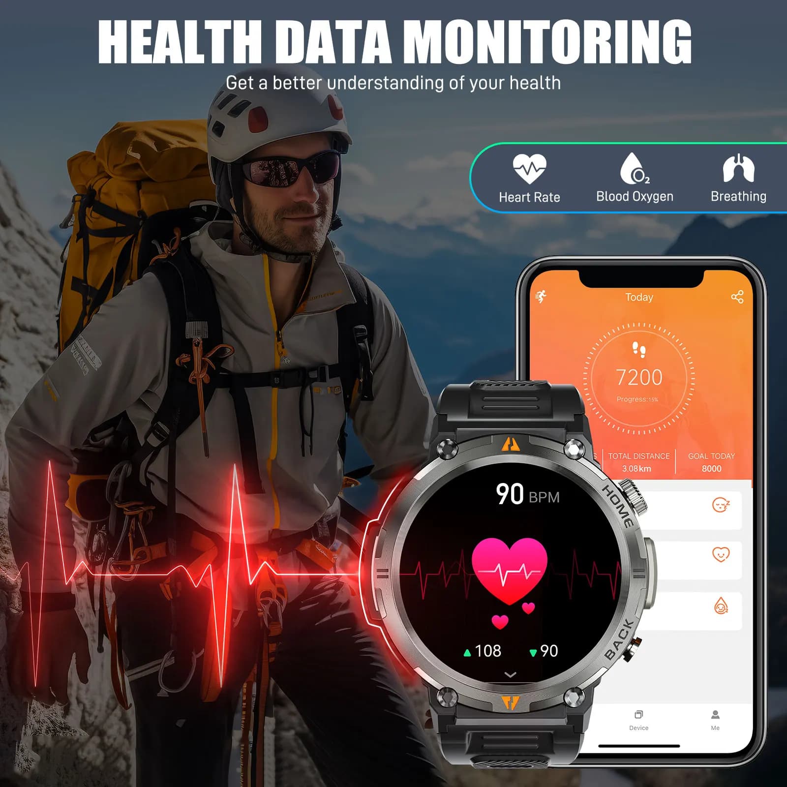Montre EIGIIS KE3 - Design original pour hommes, lampe torche, 100+ modes sport et étanche 3ATM