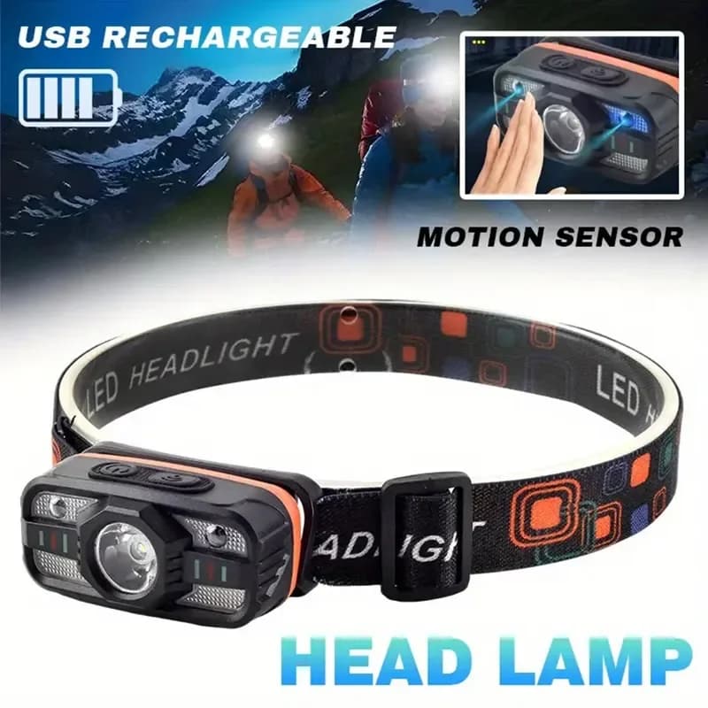 Lampe frontale pêche 6 modes LED rechargeable USB portable avec batterie intégrée pour camping